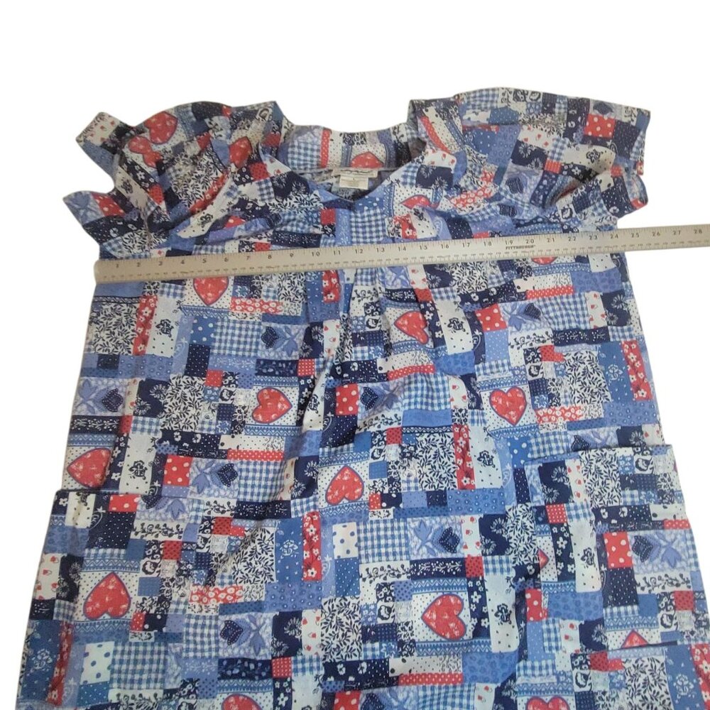 Vtg 80s Anthony Richards Patchwork House Dress Mumu L Red White Blue Heart Short - Picture 3 of 12